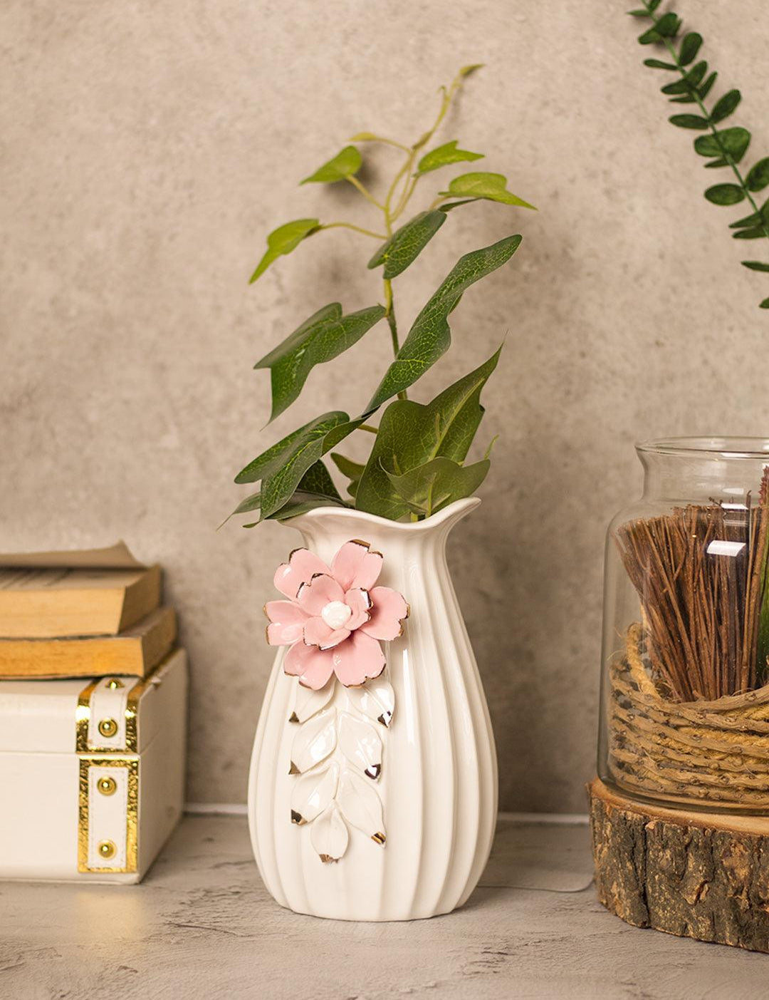 Off White Ceramic Vase - Engraved Floral Pattern, Flower Holder - 1