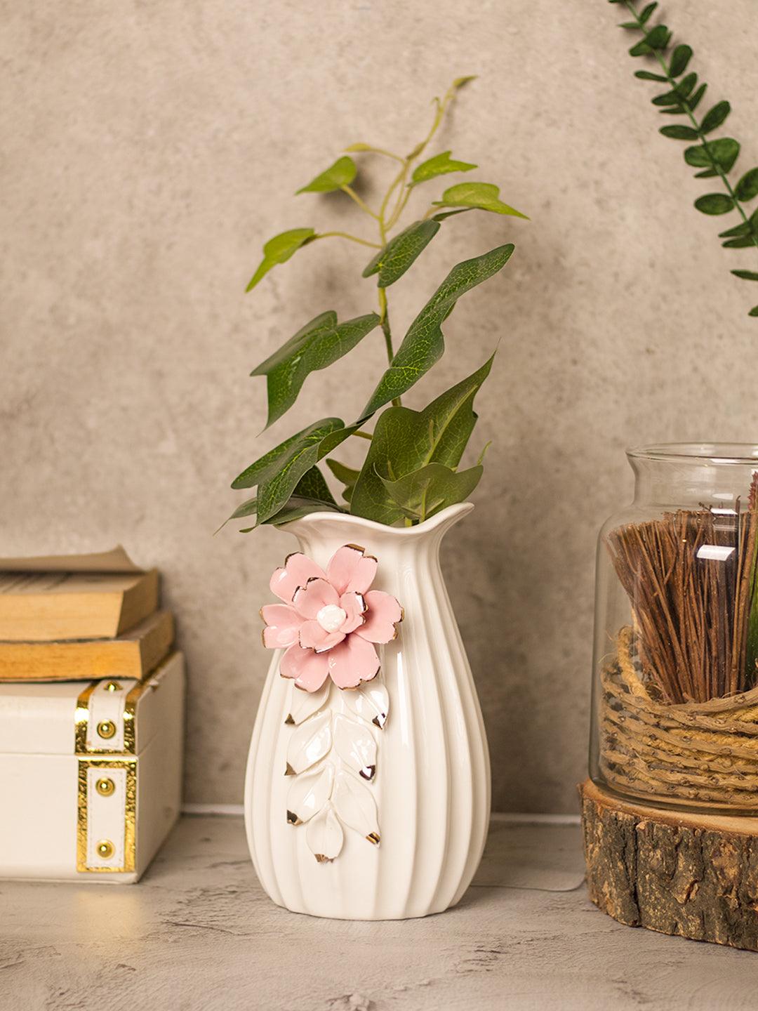 Off White Ceramic Vase - Engraved Floral Pattern, Flower Holder - 1