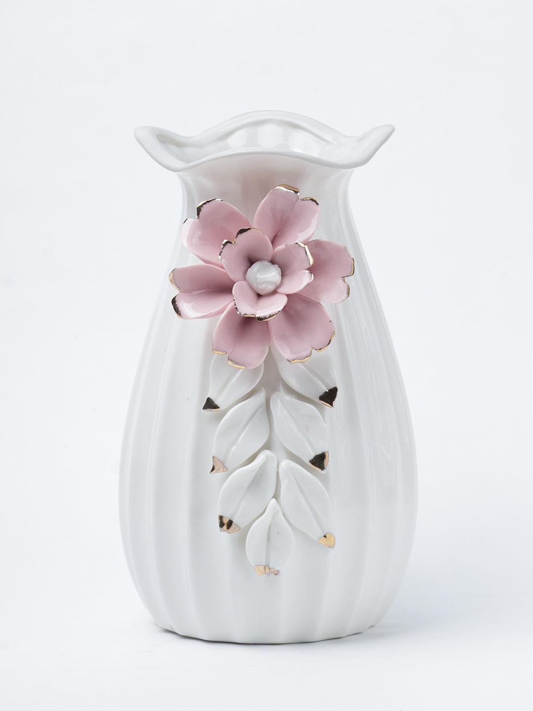 Off White Ceramic Vase - Engraved Floral Pattern, Flower Holder - 2