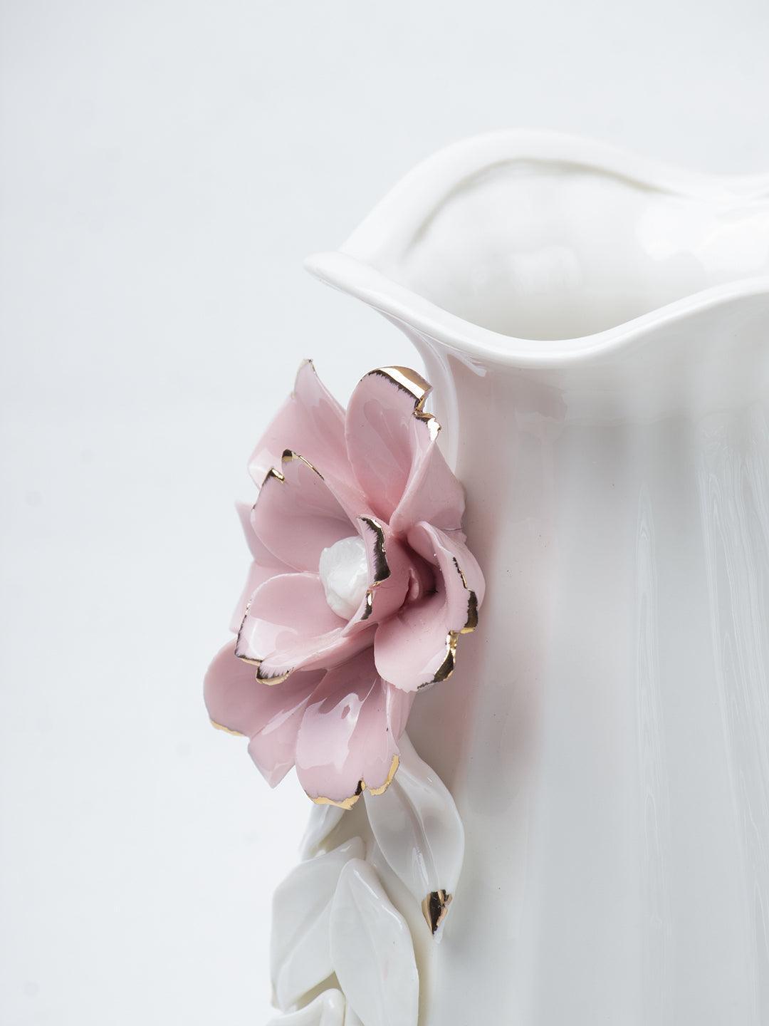 Off White Ceramic Vase - Engraved Floral Pattern, Flower Holder - 5