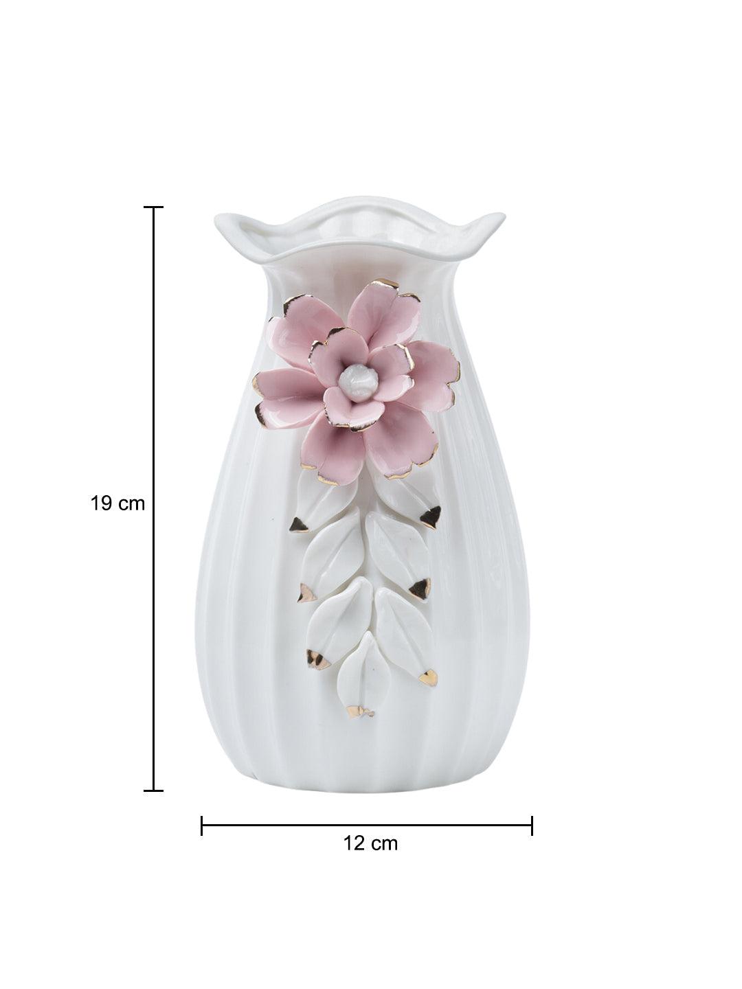 Off White Ceramic Vase - Engraved Floral Pattern, Flower Holder - 6
