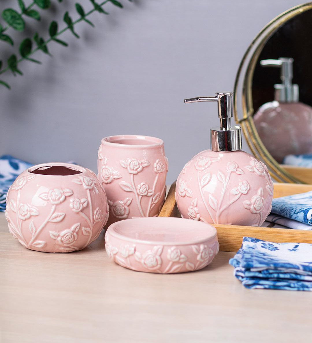Pink Ceramic Bathroom Set Of 4 - Floral Design, Bath Accessories - 1