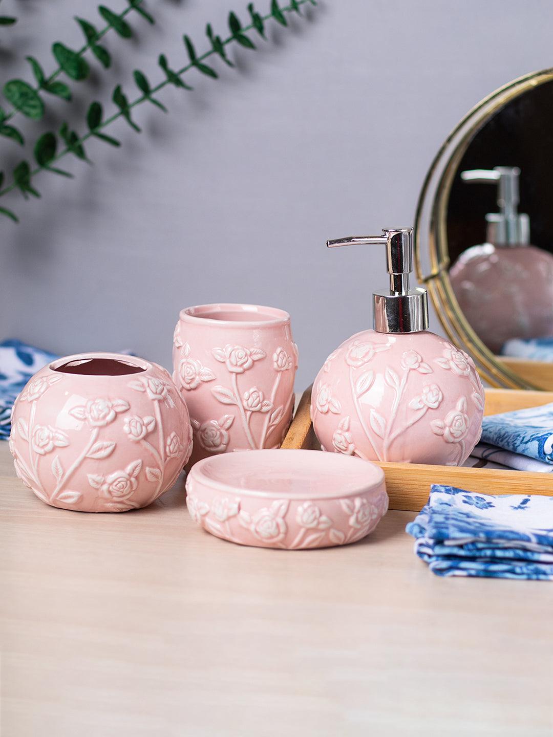 Pink Ceramic Bathroom Set Of 4 - Floral Design, Bath Accessories - 1