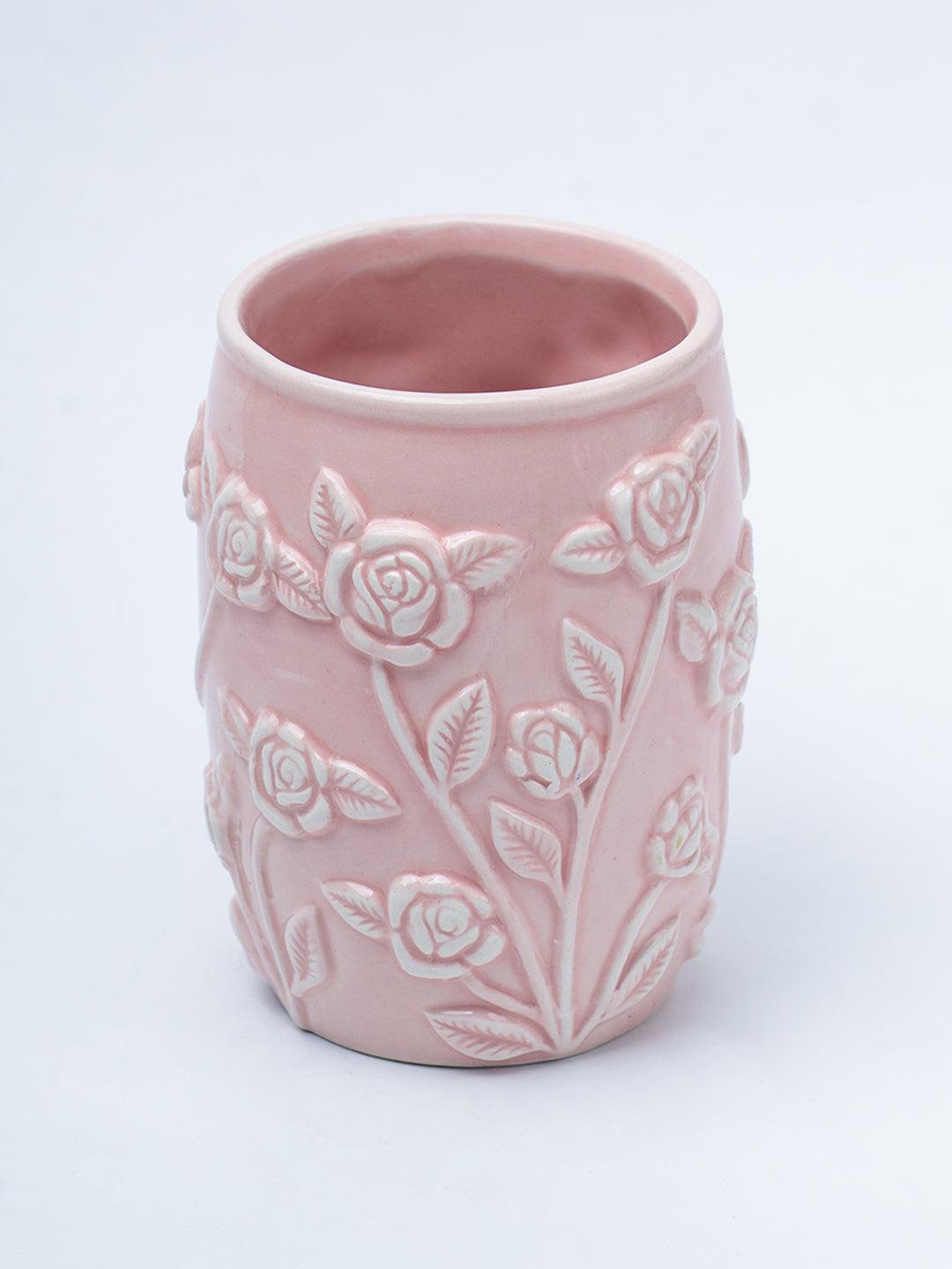 Pink Ceramic Bathroom Set Of 4 - Floral Design, Bath Accessories - 4