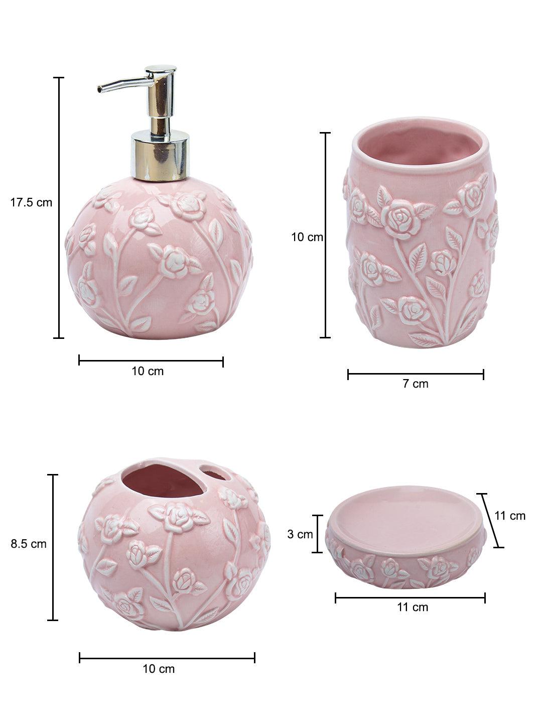 Pink Ceramic Bathroom Set Of 4 - Floral Design, Bath Accessories - 7