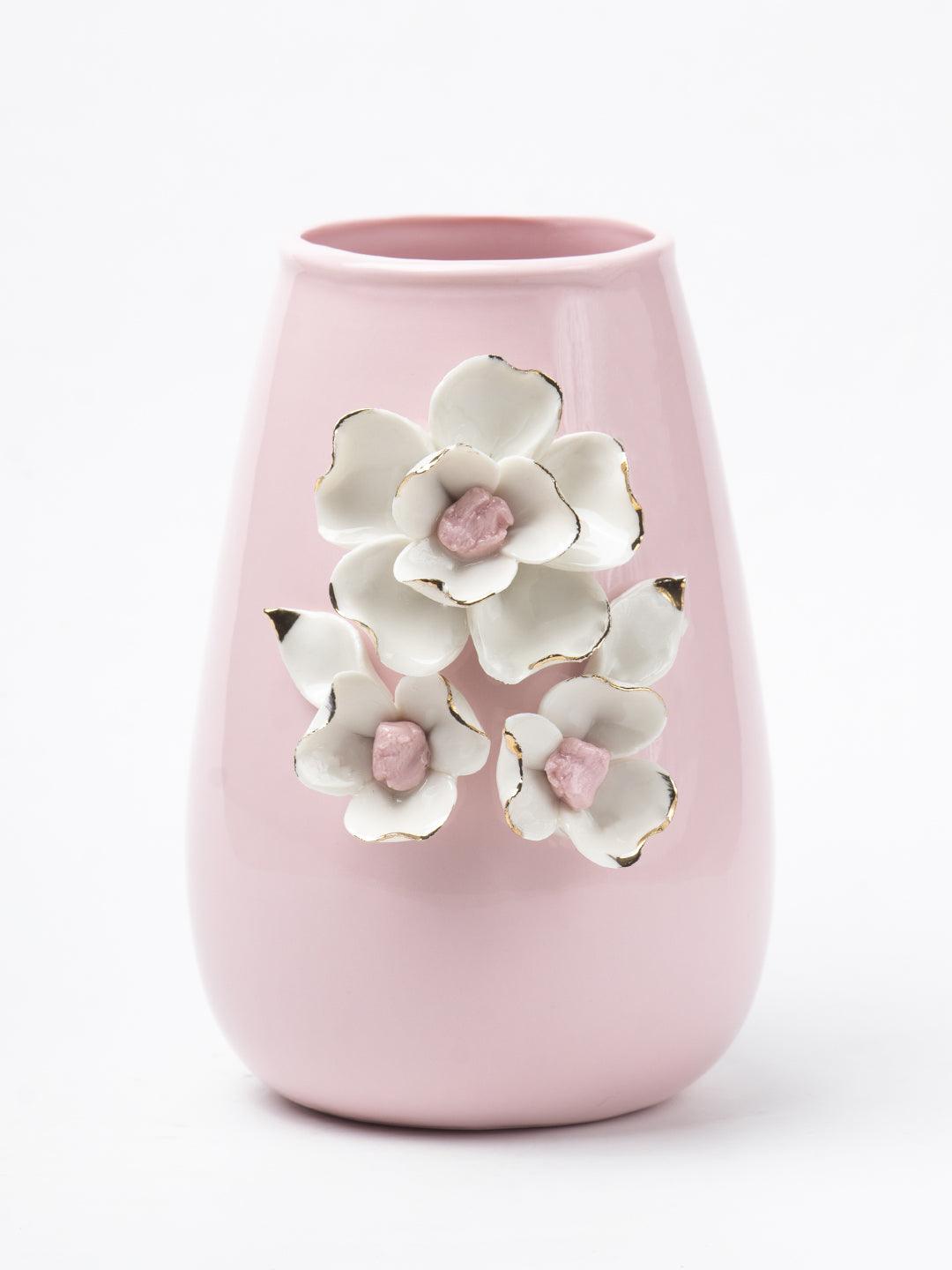 Pink Ceramic Vase - Engraved Floral & Ribbed Pattern, Flower Holder - 2