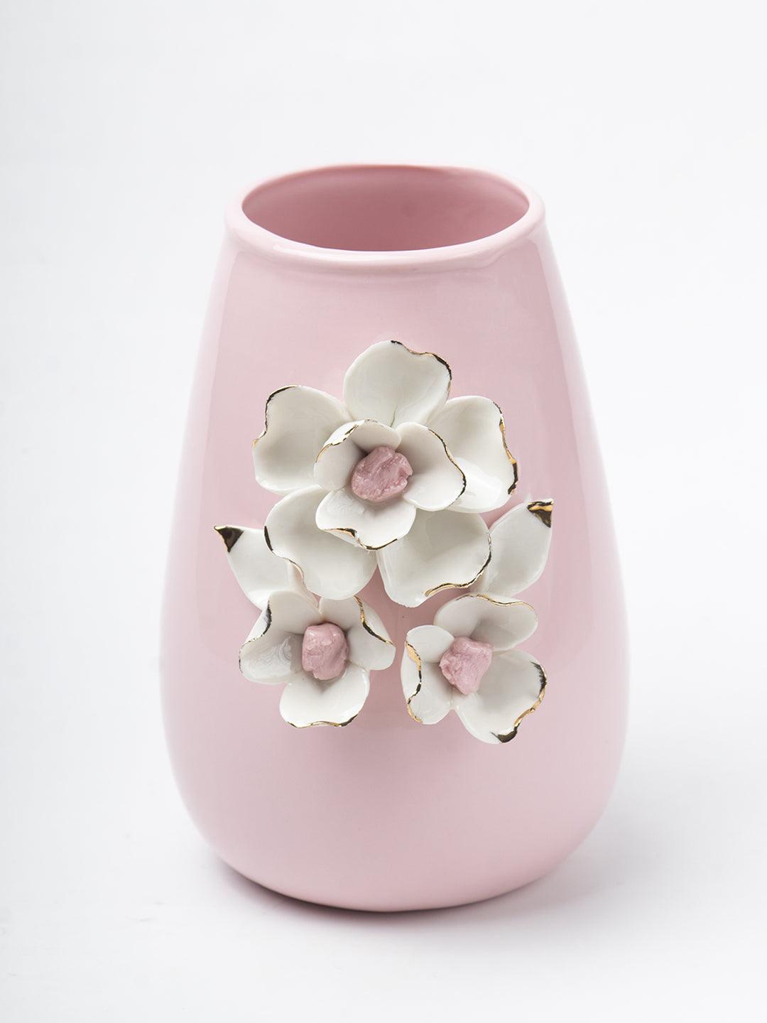 Pink Ceramic Vase - Engraved Floral & Ribbed Pattern, Flower Holder - 3
