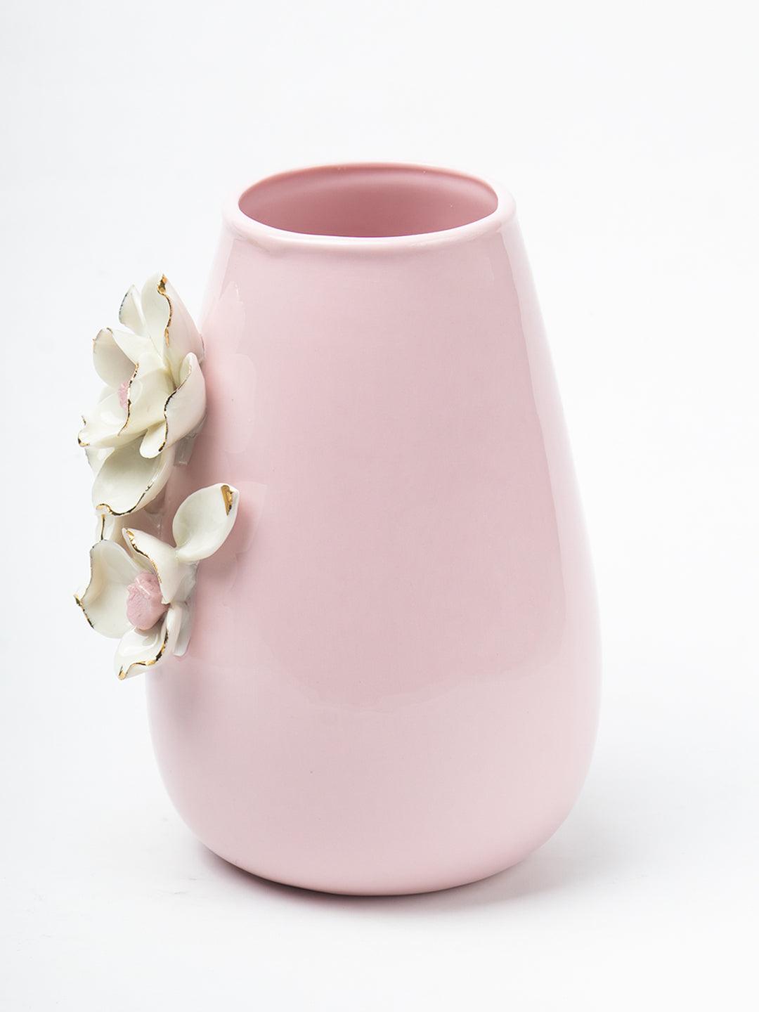Pink Ceramic Vase - Engraved Floral & Ribbed Pattern, Flower Holder - 4
