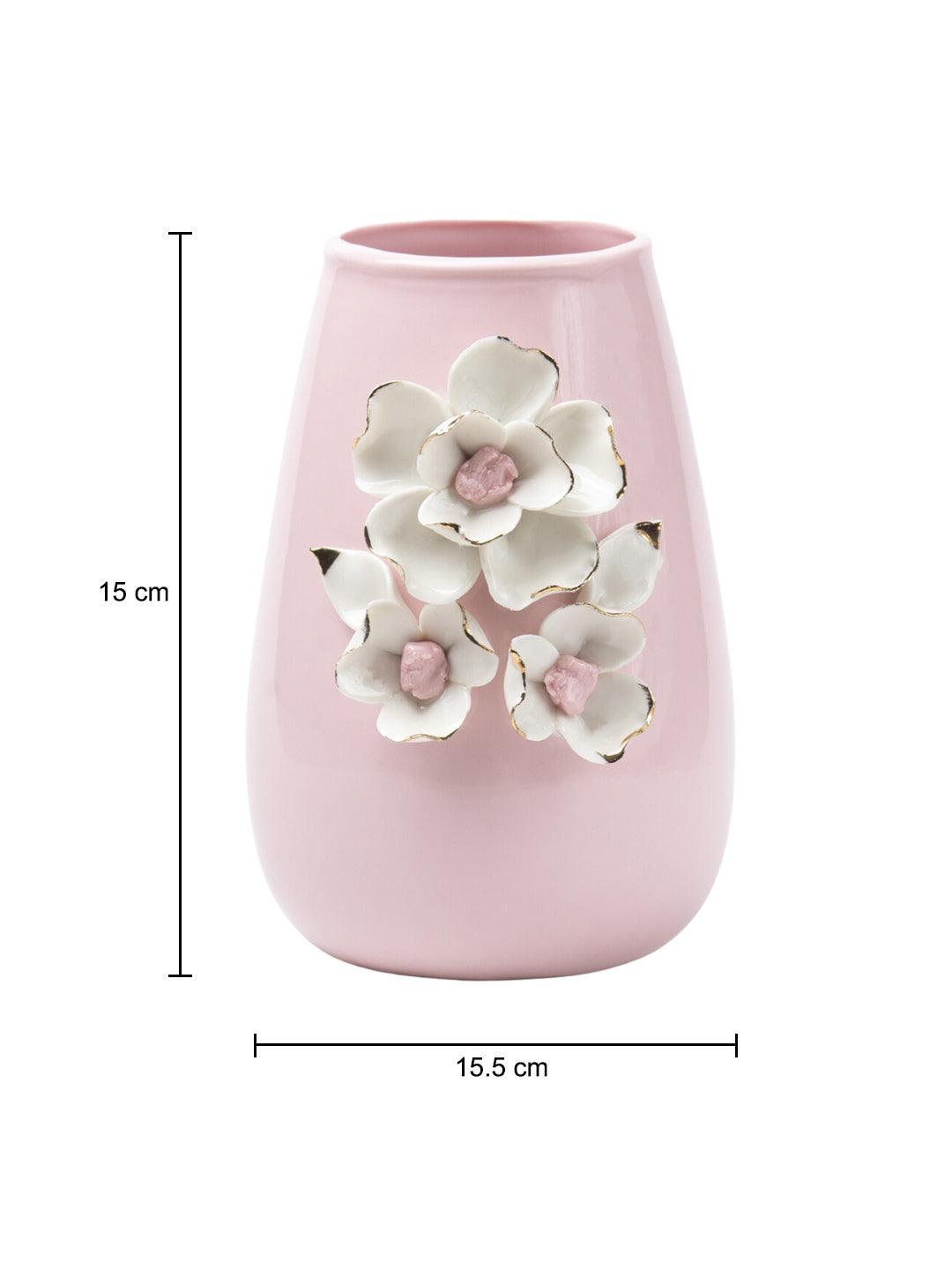 Pink Ceramic Vase - Engraved Floral & Ribbed Pattern, Flower Holder - 6