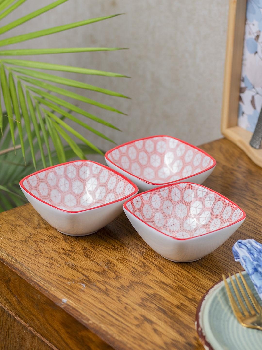 Red Ceramic Dish, Pack Of 3 - Geometric Pattern Serveware - 1