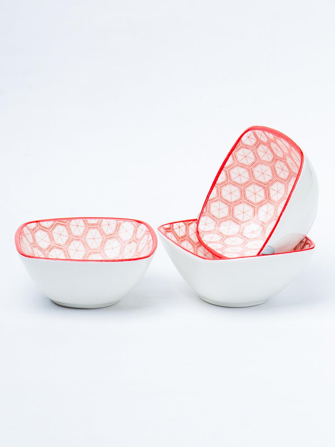 Red Ceramic Dish, Pack Of 3 - Geometric Pattern Serveware - 3