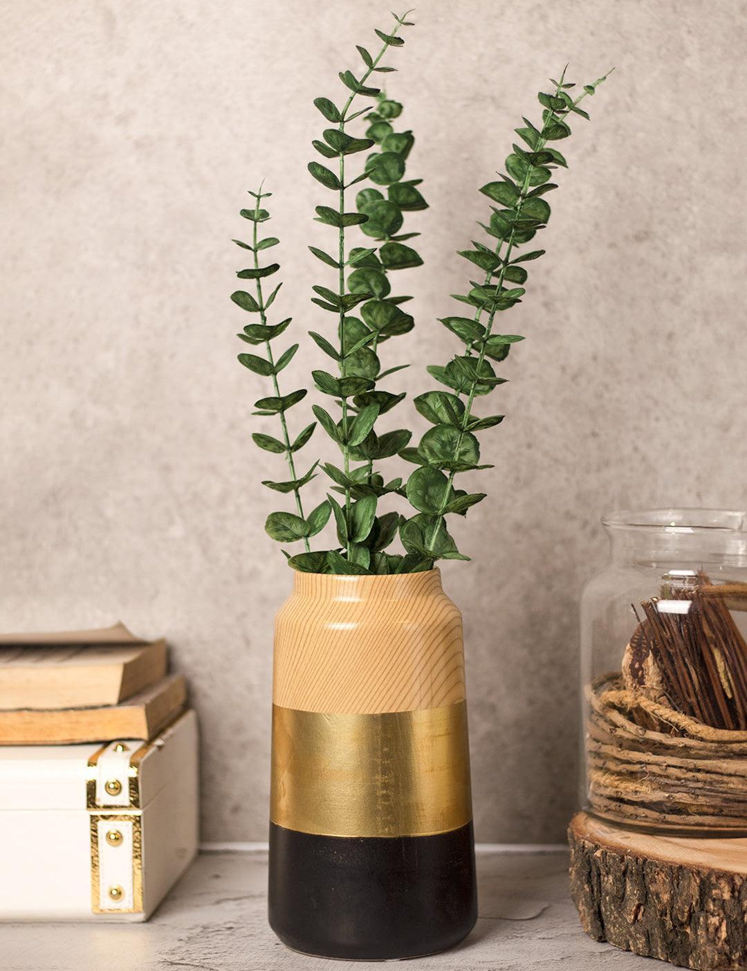 Stylish Ceramic Flower Holder Vase - Wooden, White & Golden - 1