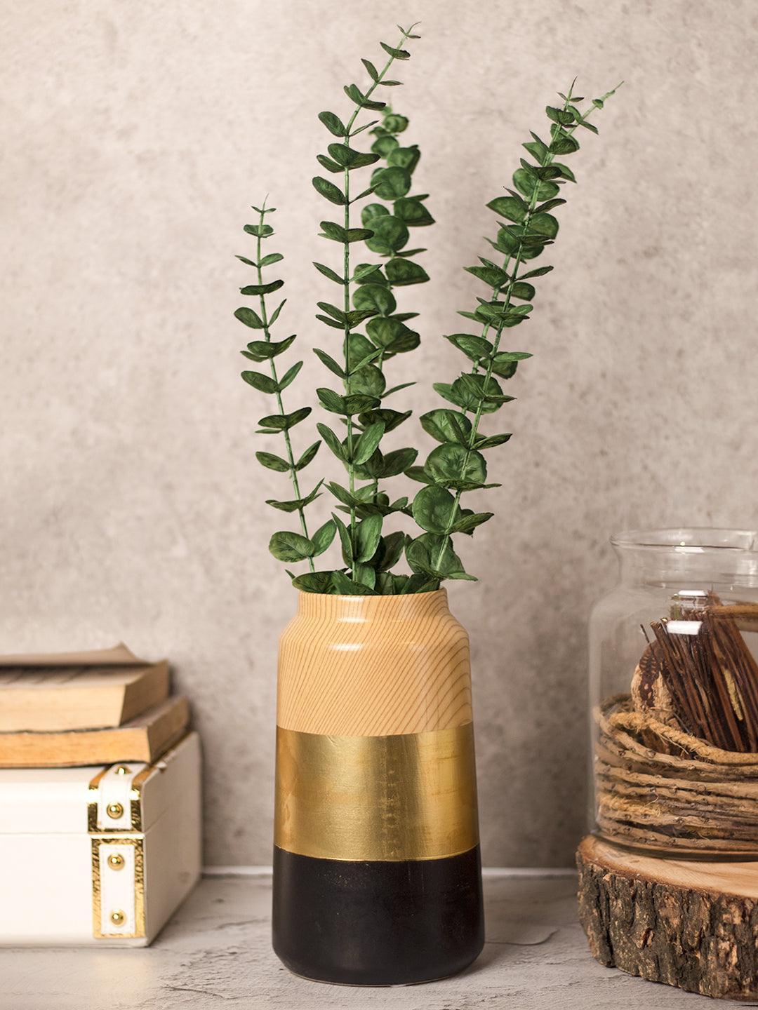 Stylish Ceramic Flower Holder Vase - Wooden, White & Golden - 1