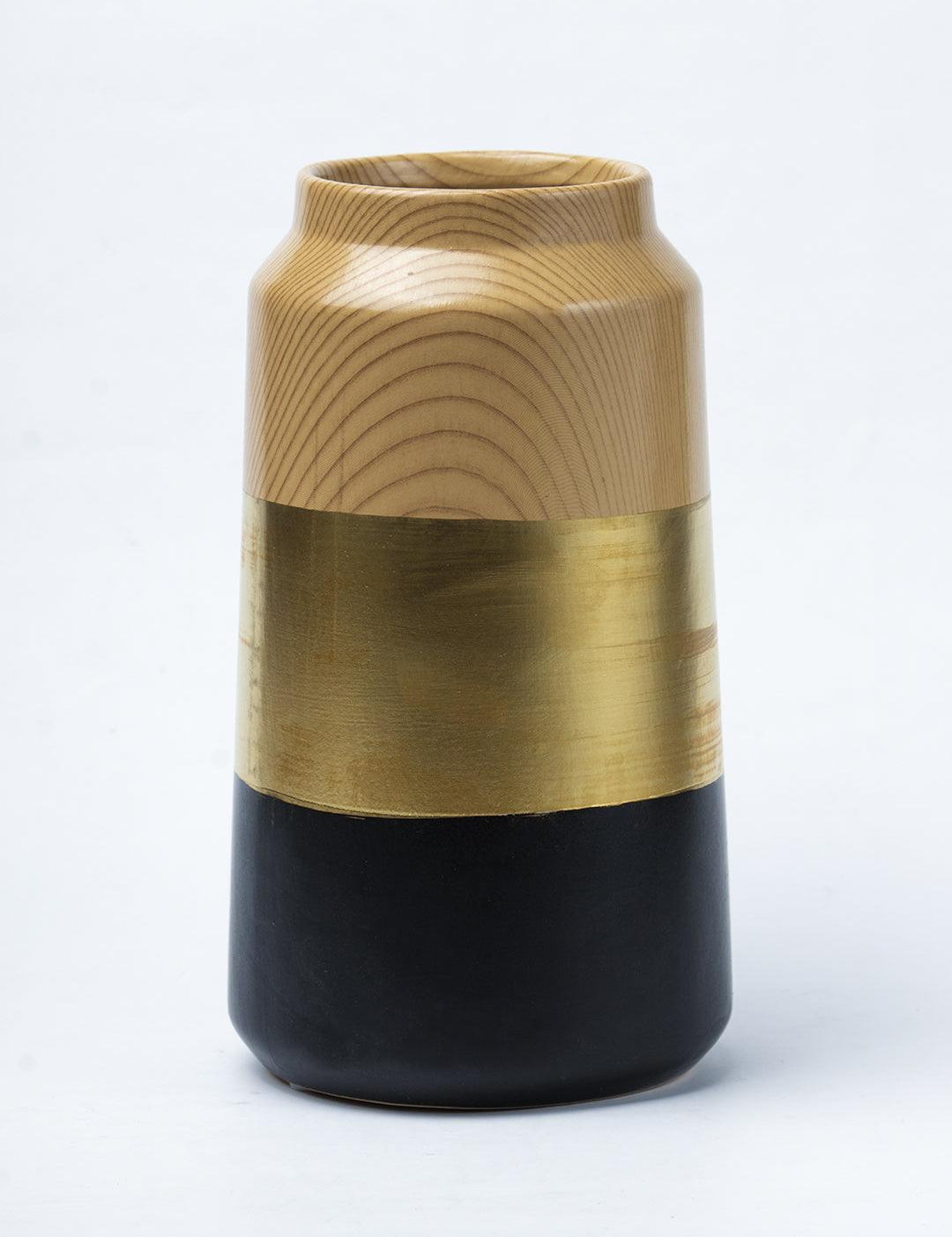 Stylish Ceramic Flower Holder Vase - Wooden, White & Golden - 2