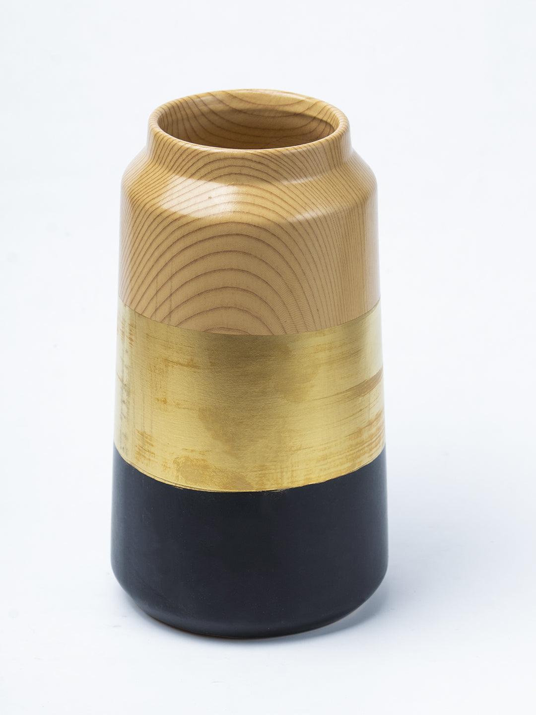 Stylish Ceramic Flower Holder Vase - Wooden, White & Golden - 3
