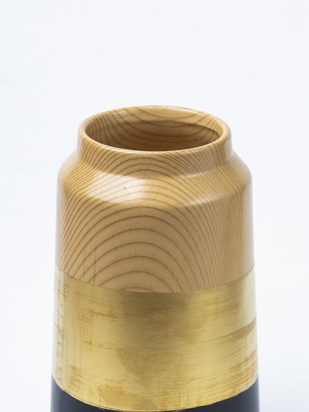 Stylish Ceramic Flower Holder Vase - Wooden, White & Golden - 4