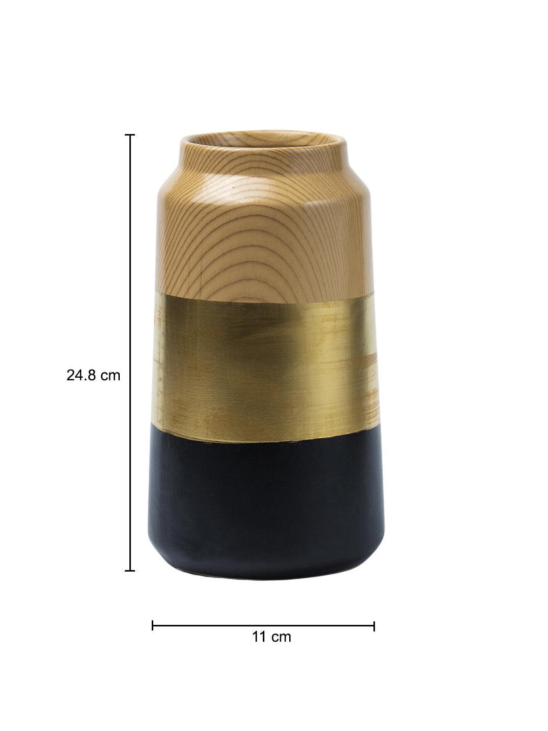 Stylish Ceramic Flower Holder Vase - Wooden, White & Golden - 5