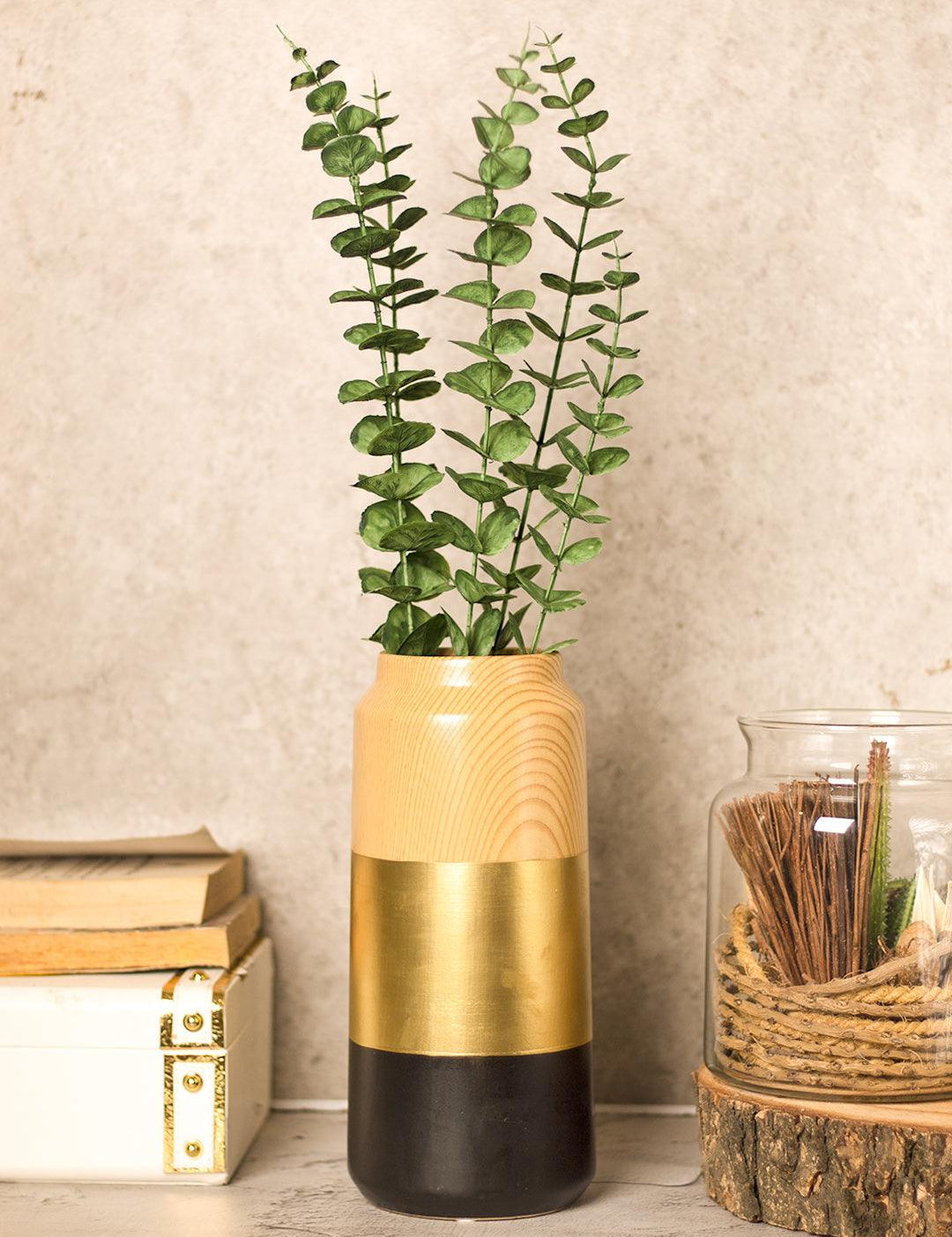 Stylish Ceramic Vase - Wooden, White & Golden, Contemporary Design - 1
