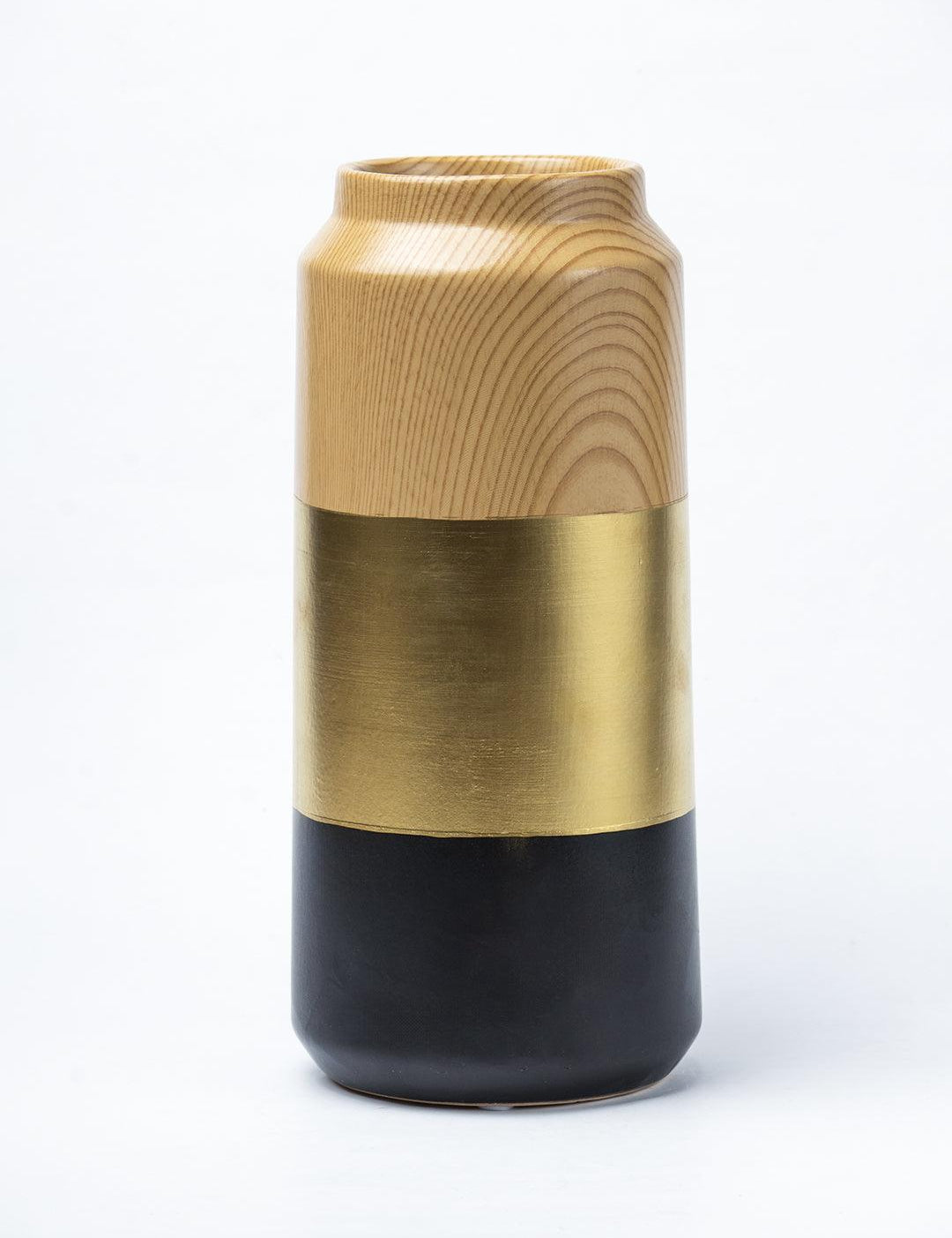 Stylish Ceramic Vase - Wooden, White & Golden, Contemporary Design - 2