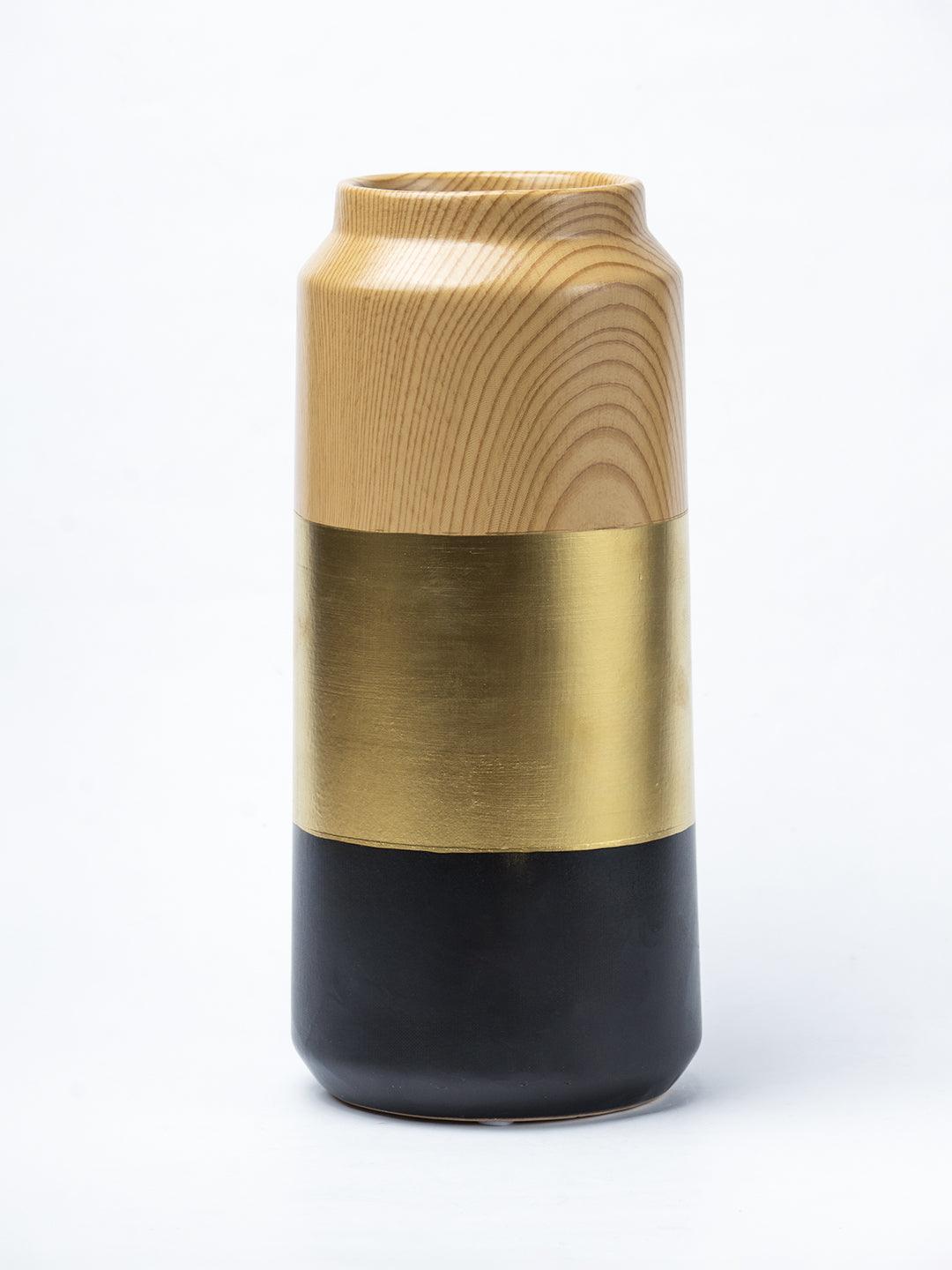 Stylish Ceramic Vase - Wooden, White & Golden, Contemporary Design - 2