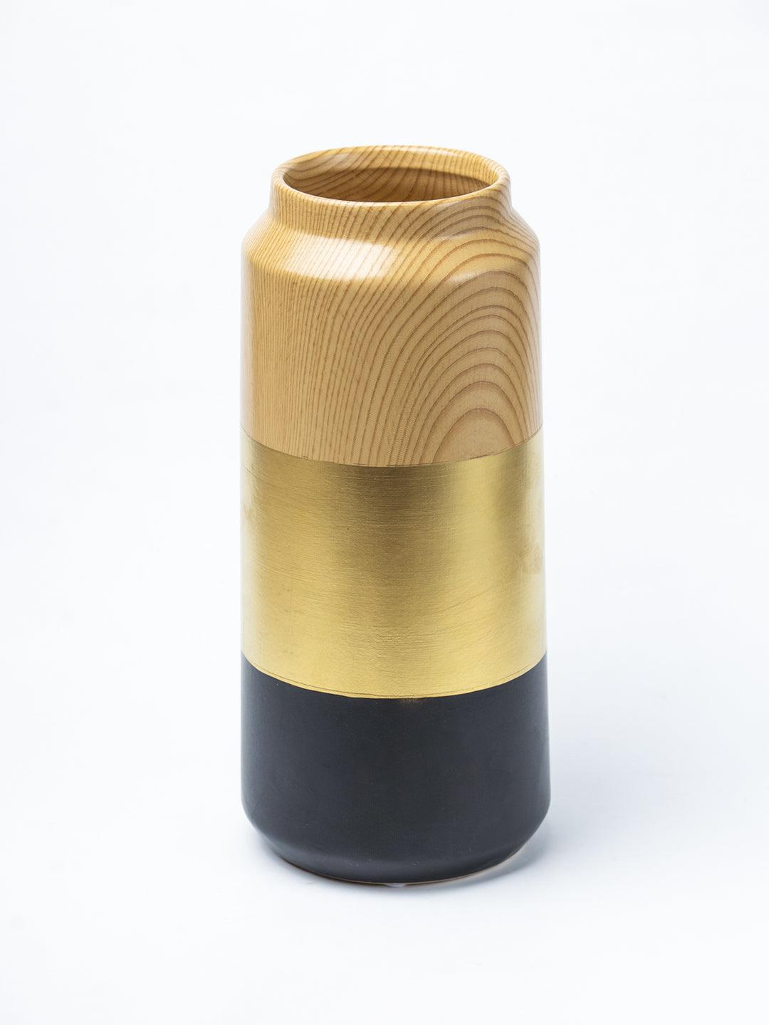 Stylish Ceramic Vase - Wooden, White & Golden, Contemporary Design - 3