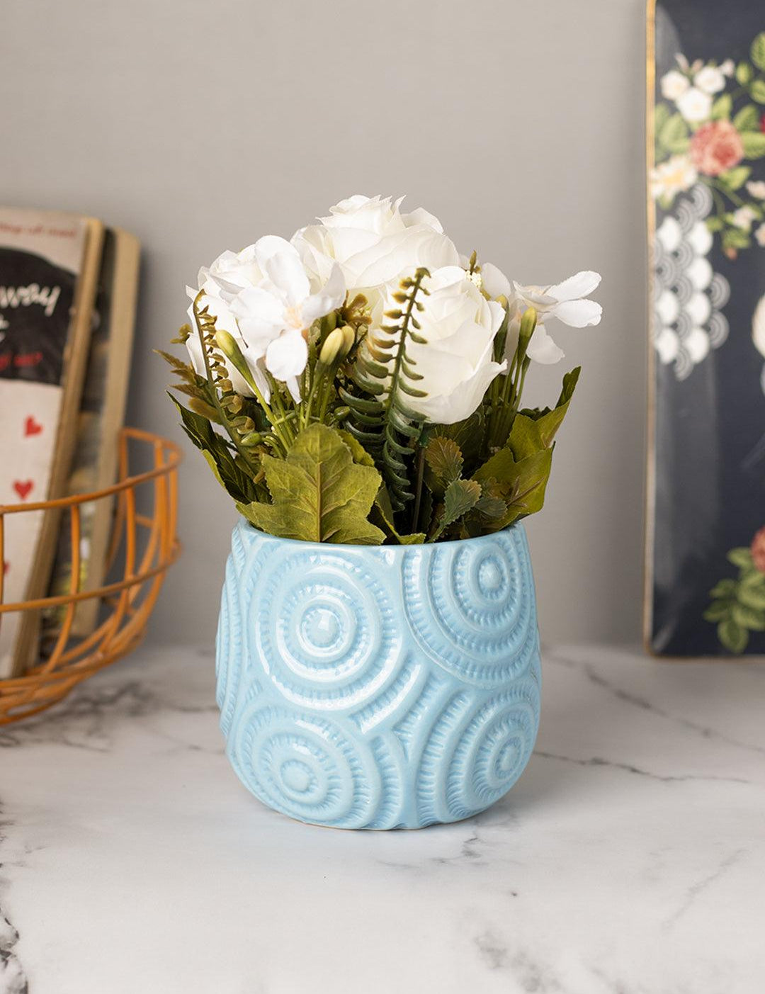 Stylish Off White Artificial Flower With Pot - 11.5 X 11.5 X 24Cm - 1