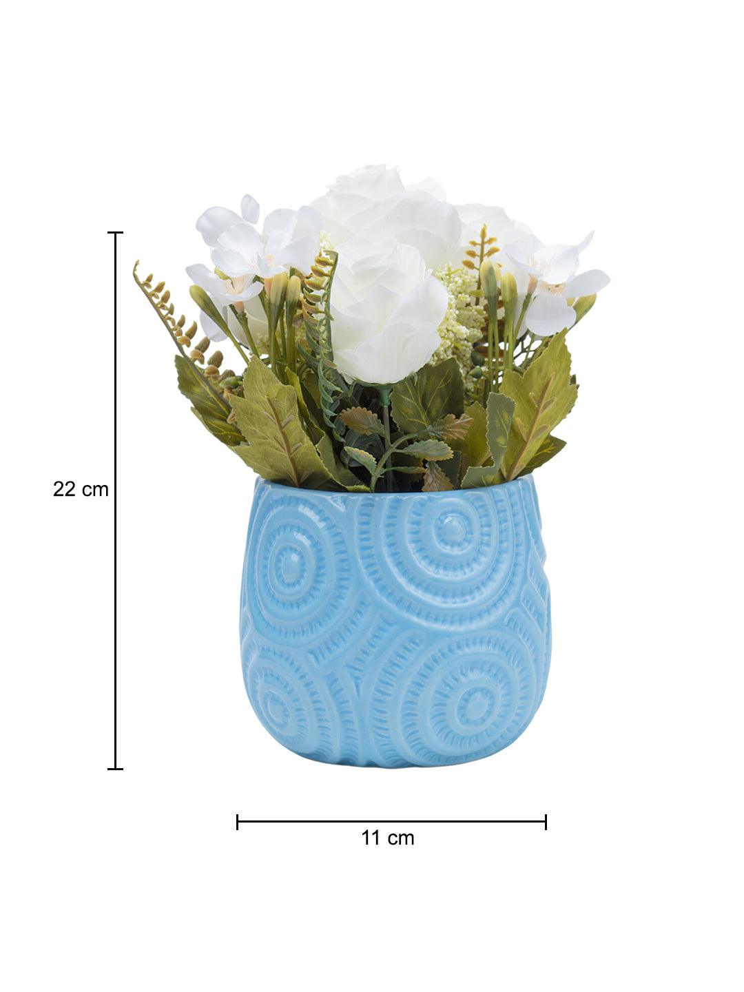 Stylish Off White Artificial Flower With Pot - 11.5 X 11.5 X 24Cm - 5