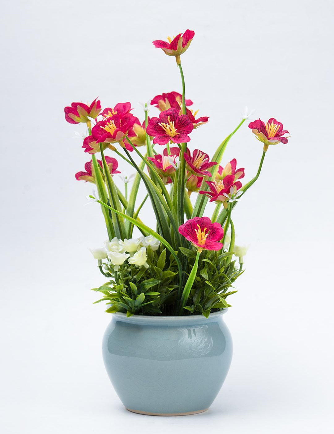 Stylish Red & Green Artificial Flower With Pot - 11 X 11 X 21Cm - 2