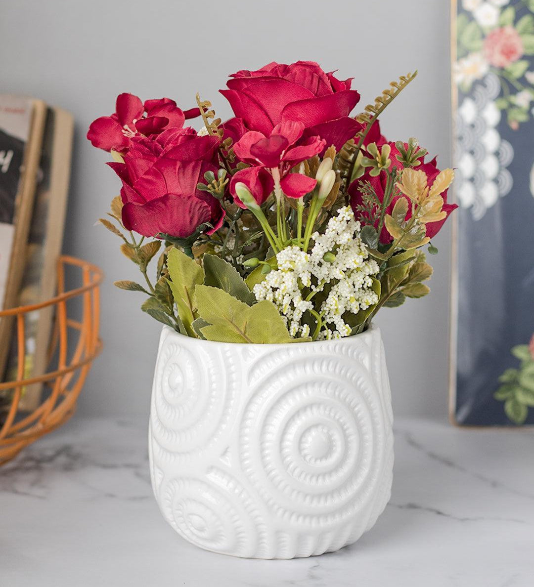 Stylish Red Artificial Flower With Pot - 11.5 X 11.5 X 24Cm - 1