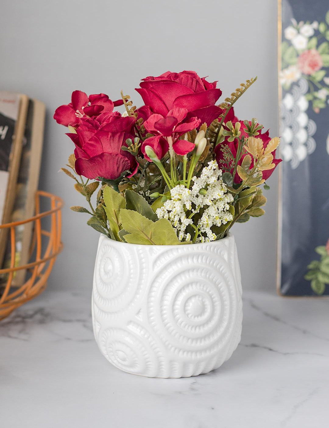 Stylish Red Artificial Flower With Pot - 11.5 X 11.5 X 24Cm - 1