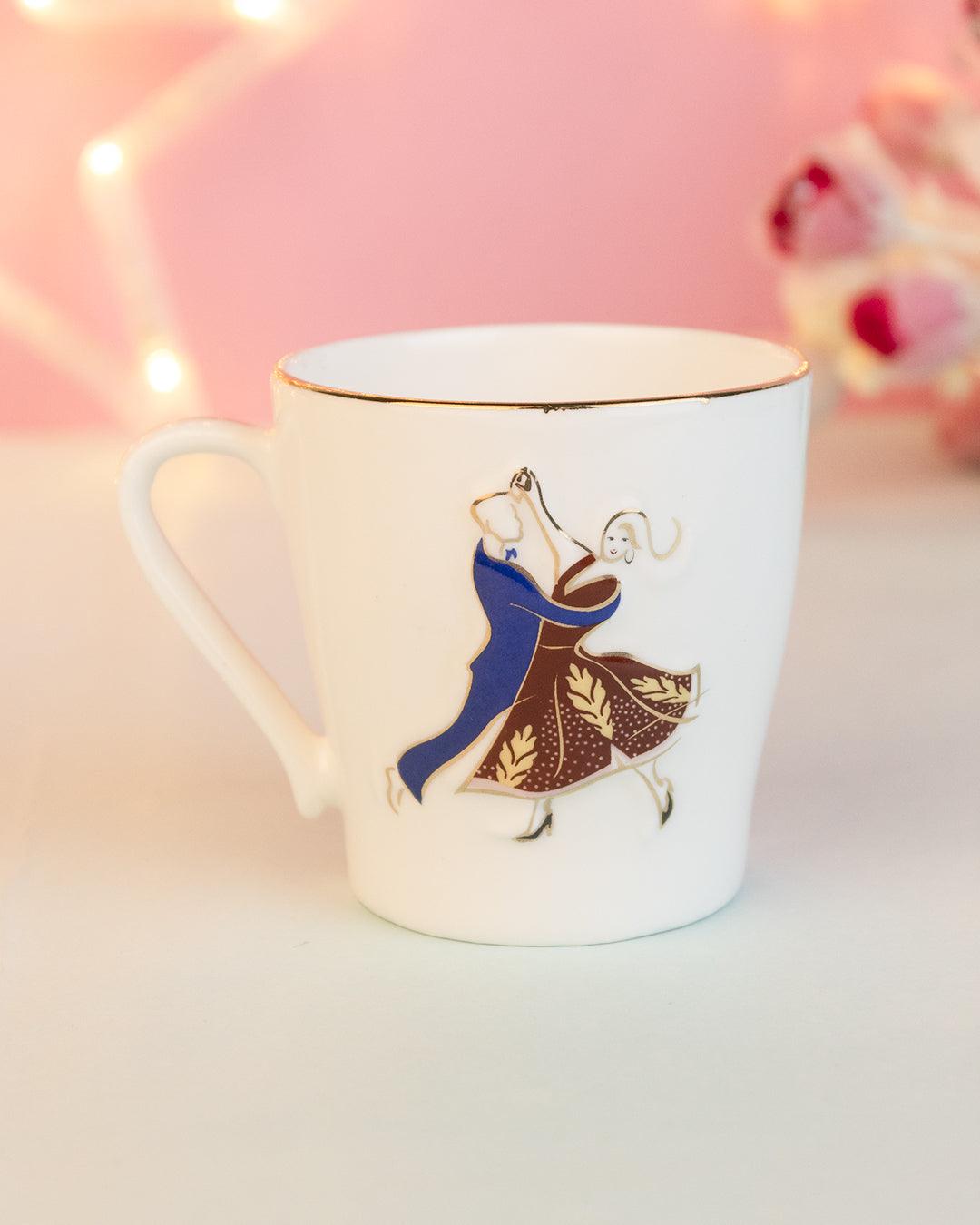 'VIENNESE WALTZ DANCER' Print Tea & Coffee Mugs in Ceramic ( White & Black, Set Of 6, Each 200mL) - MARKET 99