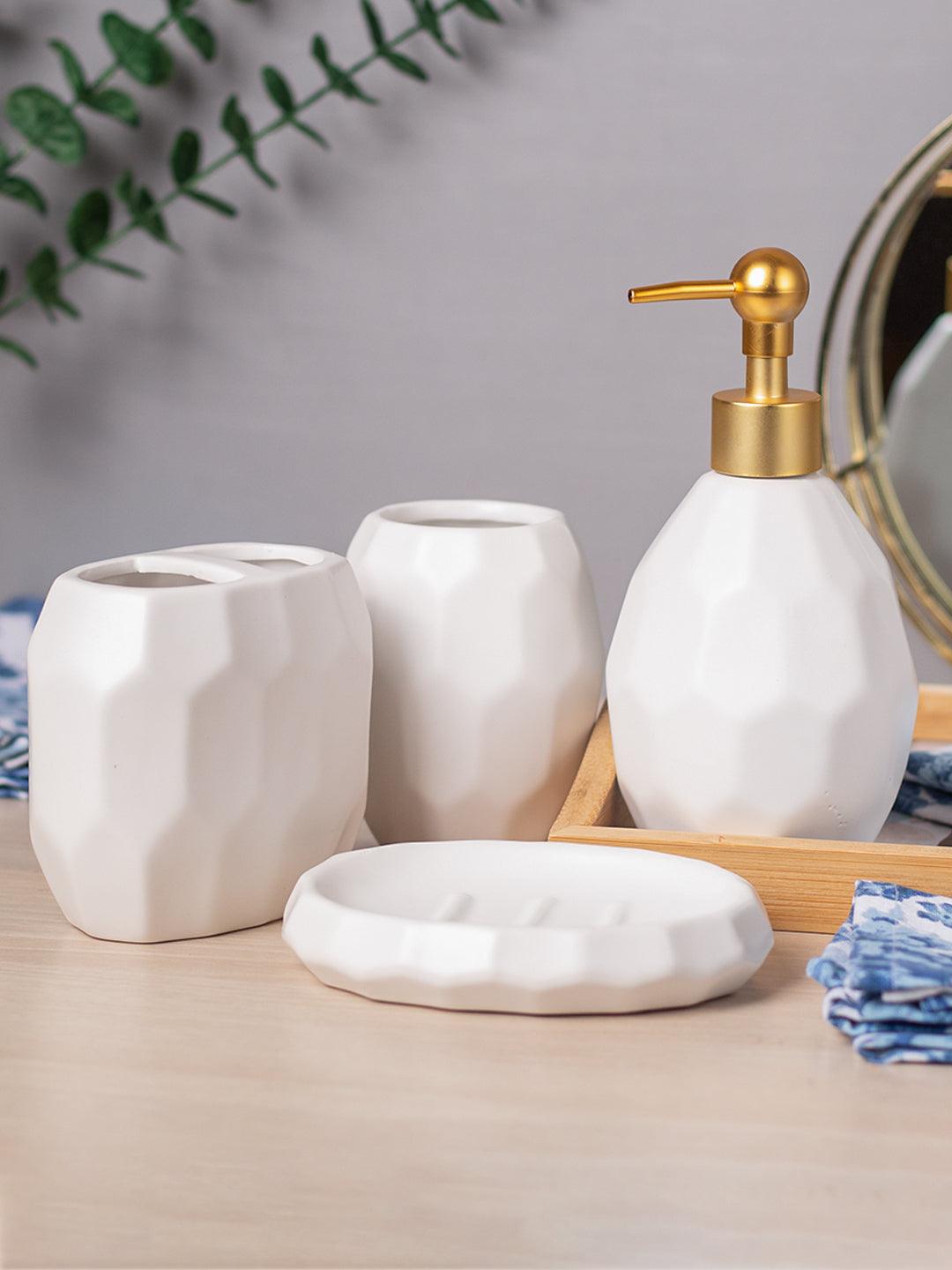 White Ceramic Bathroom Set Of 4 - Stone Finish, Bath Accessories - 1