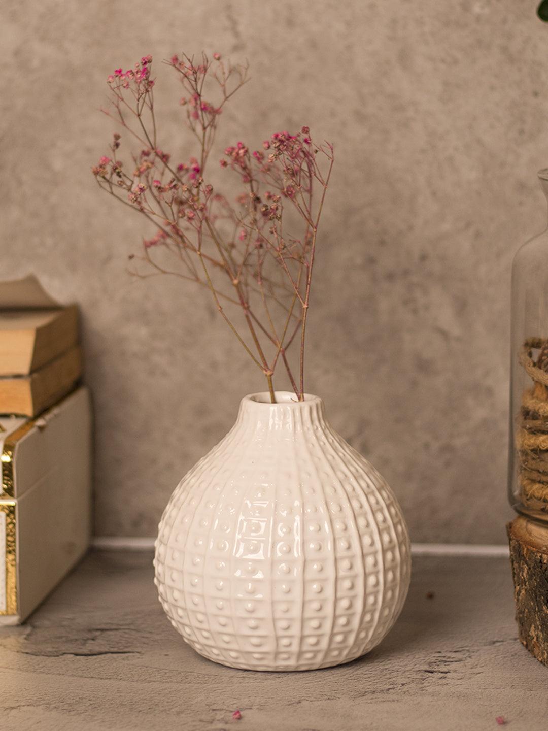 White Ceramic Round Vase - Textured Pattern, Flower Holder - 1