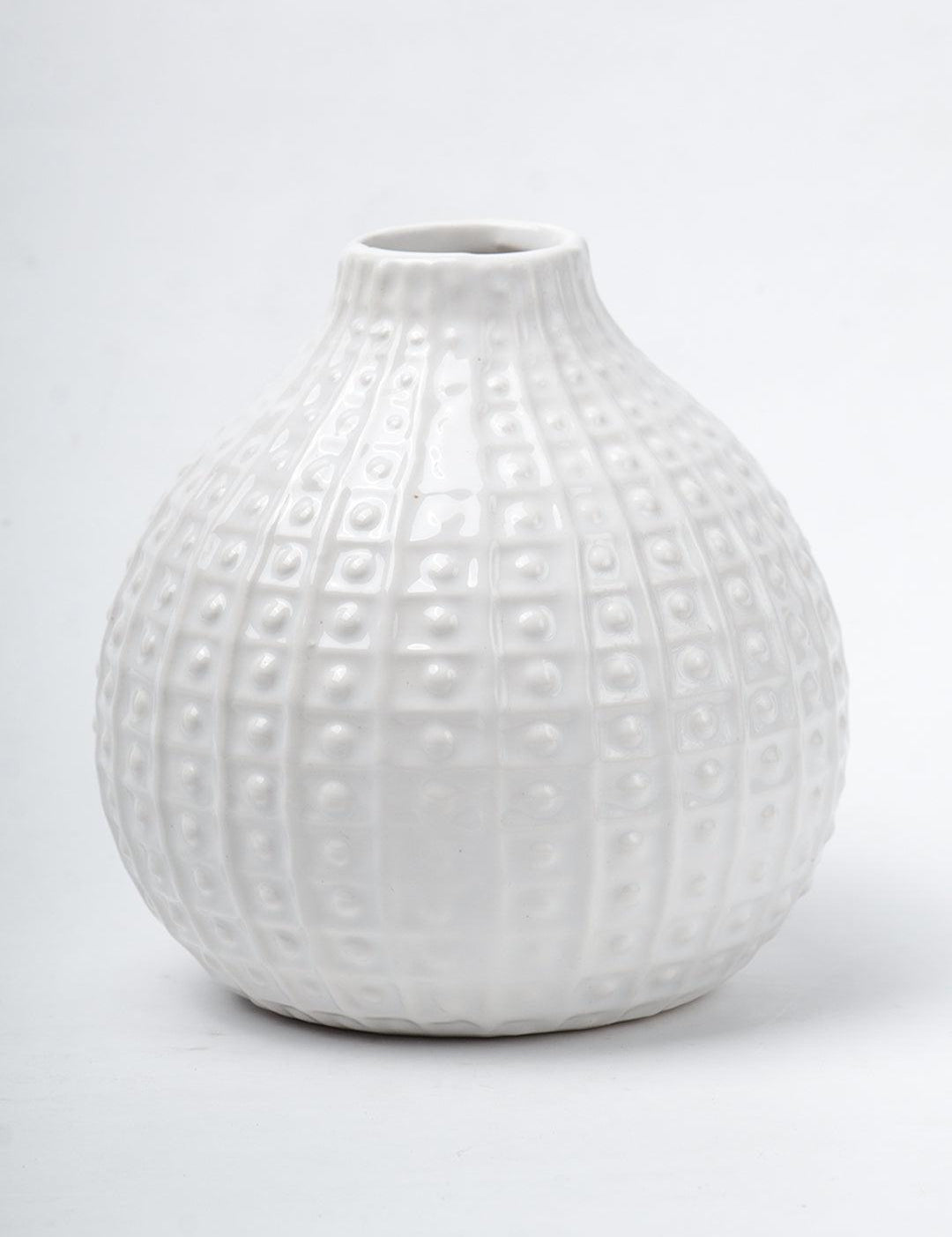 White Ceramic Round Vase - Textured Pattern, Flower Holder - 2