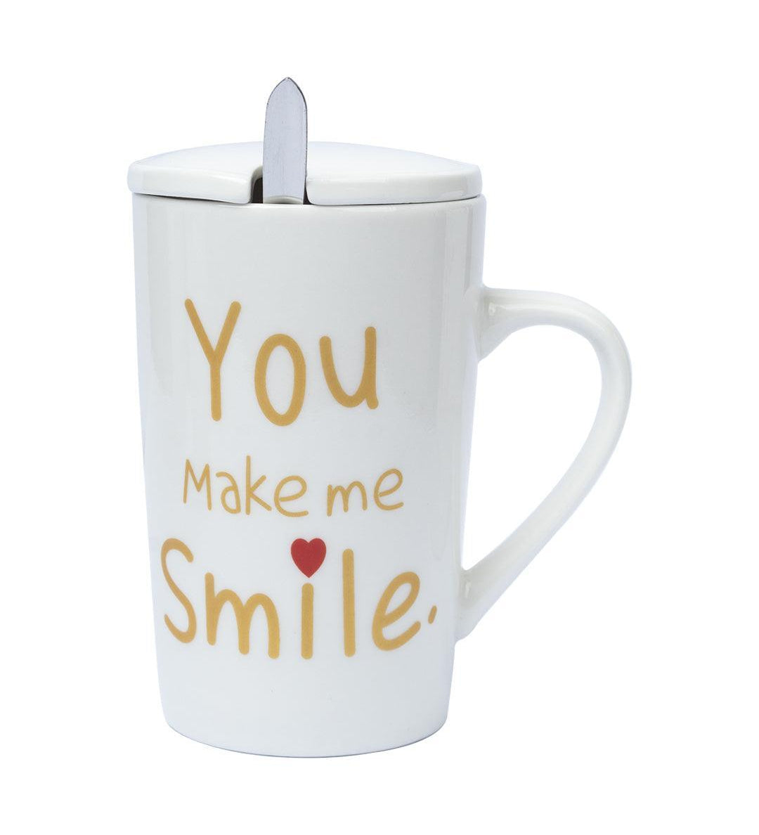 You Make me Simle' Coffee Mug With Lid and Spoon - White,450mL - MARKET 99