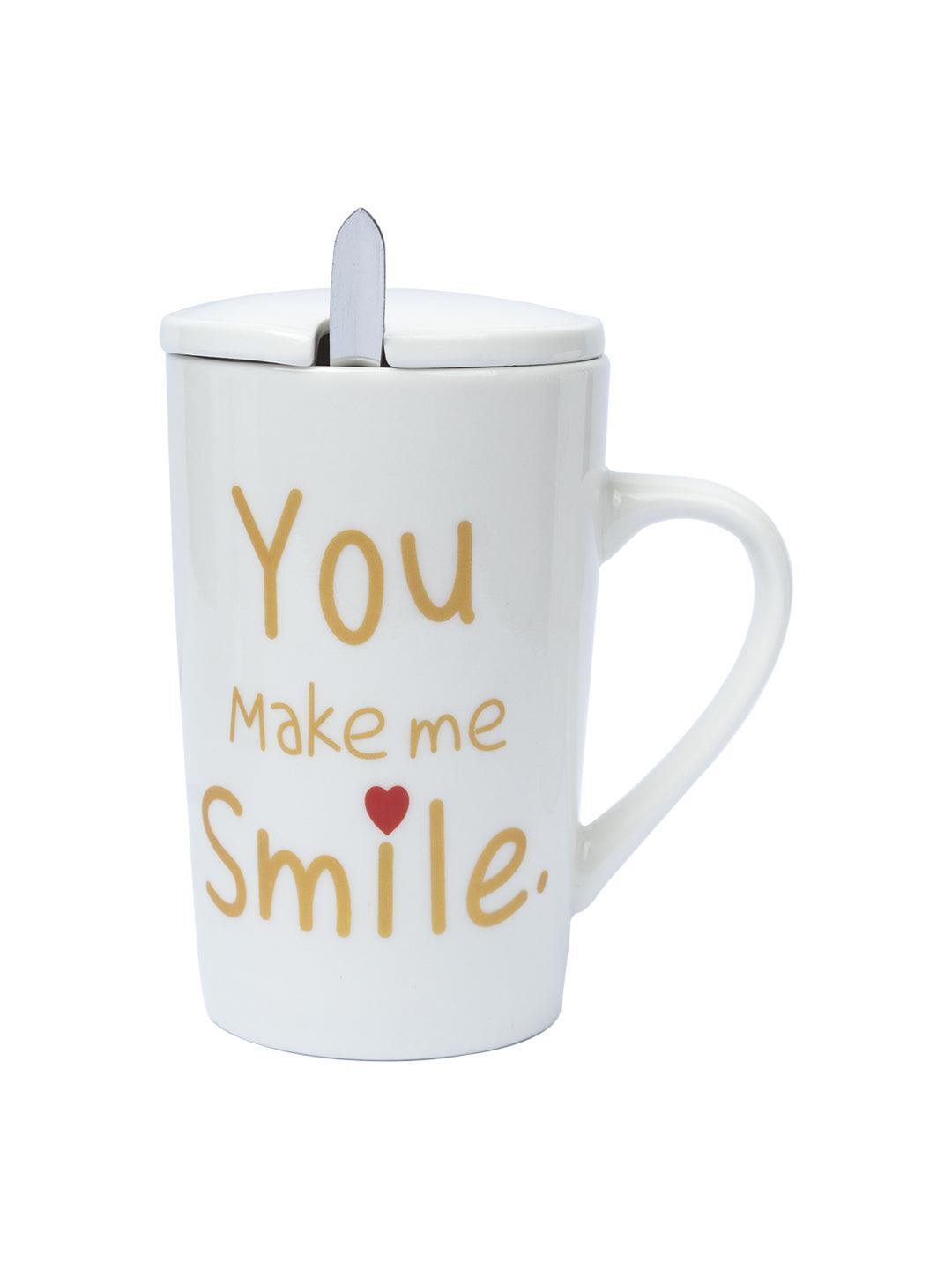 You Make me Simle' Coffee Mug With Lid and Spoon - White,450mL - MARKET 99