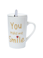 You Make me Simle' Coffee Mug With Lid and Spoon - White,450mL - MARKET 99