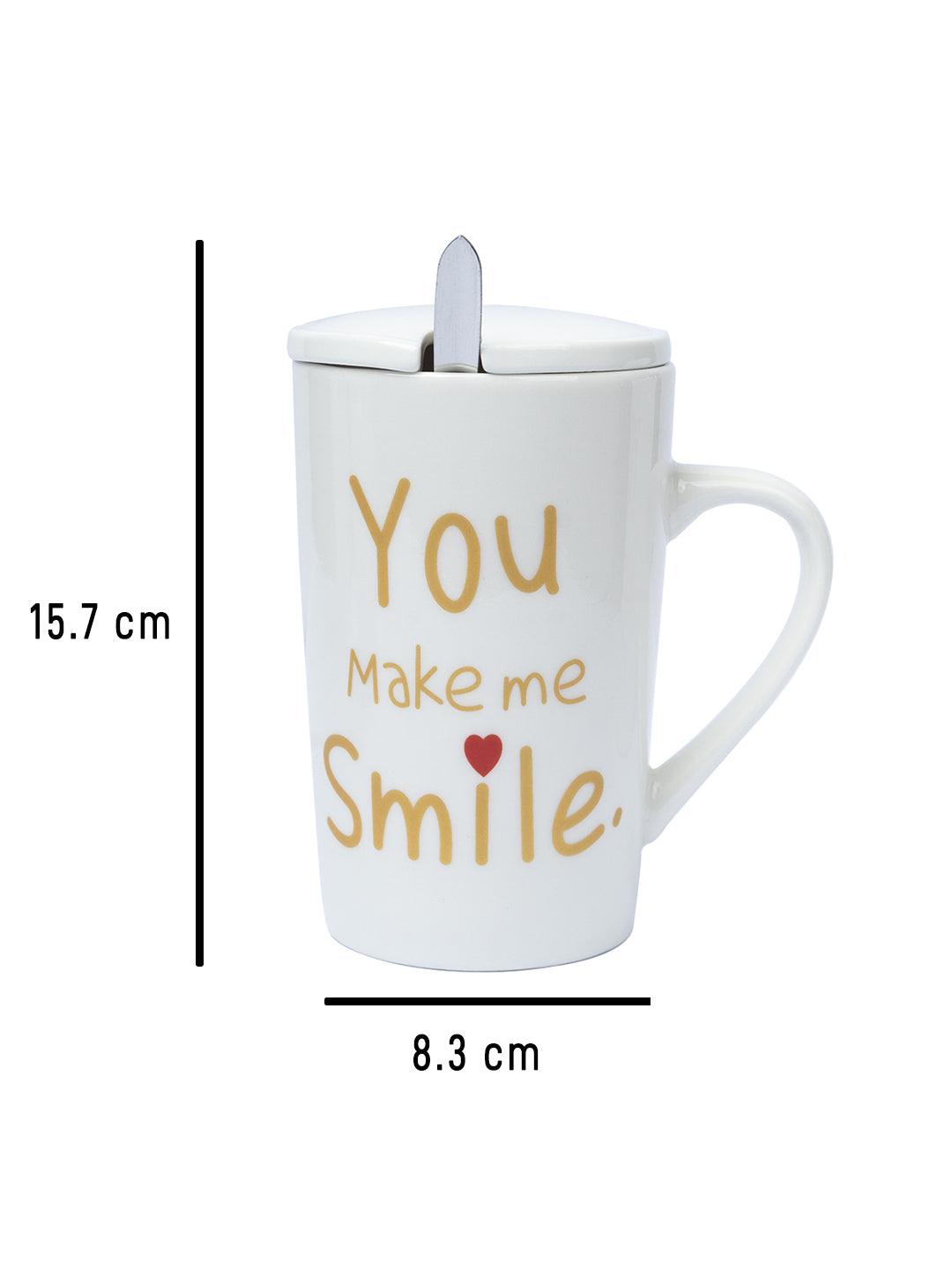 You Make me Simle' Coffee Mug With Lid and Spoon - White,450mL - MARKET 99